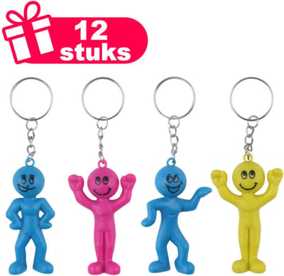 Henbrandt - 12 Stuks Lachende Smileys poppetjes Sleutelhangers - Traktatie uitdeelcadeautjes voor kinderen & peuters - Traktaties en kinderverjaardagen - Klein grabbelton speelgoed voor in traktatie uitdeelzakjes