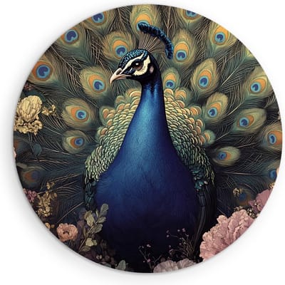 Saammp Muurcirkel Hout - Pauw - Hanen- Bloemen - Dieren - Natuur - Ø 90 - Wandcirkel - Wanddecoratie Cirkel - muurdecoratie Woonkamer - Slaapkamer decoratie - Rond Schilderij