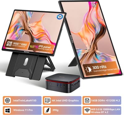 Blackview MP60 Mini PC + Table 9 Draagbare Monitor Set - 16GB DDR4 512GB SSD - Intel N150 tot 3,6GHz - Windows 11 - 5G WiFi Dual HDMI 4K - Gigabit Ethernet - 16 Inch FHD USB-C HDMI Plug & Play - Zwart