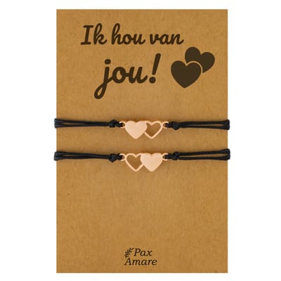 Vriendschapsarmbandjes voor 2 "Ik hou van jou!" - Hartjes - BFF Armbandjes met Cadeau Kaartje - Rosé Goud & Zwart - Elastisch Verstelbaar - Pax Amare