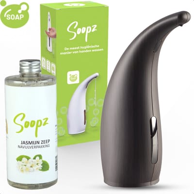 Soopz Automatische Zeepdispenser – Donker Hout – Dark Wood Classic – Zeeppompje met Bewegingssensor – Met Jasmijn Zeep