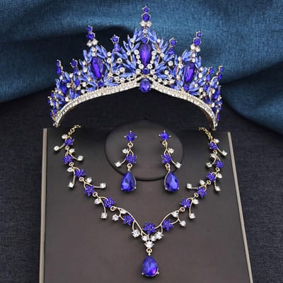 3-delige Prinsessenkroon Bruidssieradensets voor Vrouwen Tiara's en Bloemen Choker Ketting Oorbellen Trouwjurk Bruidssieradenset