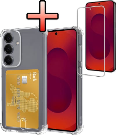 Hoesje - Geschikt voor Samsung Galaxy S25 FE - Met Screenprotector - En Pashouder - En Kaarthouder - Telefoon Hoes Shockproof - Siliconen Case - Back Cover - Shock Proof - Pasjes Houder - Transparant