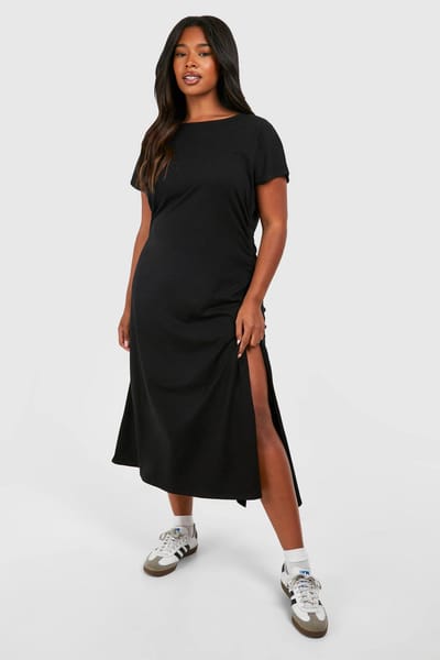 boohoo Dames Plus Katoenen geraffleerde T-shirt Jurk | Zwart | Maat: 46