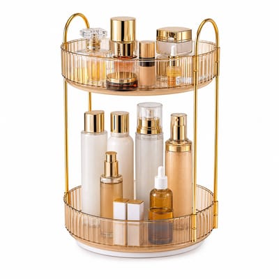 Make-up Organizer Draaibaar 360° 2-Laags – Cosmetica Opberger Amberkleurig met Gouden Frame – Sieraden Parfum & Huidverzorging Organizer – Kaptafel Badkamer Slaapkamer Bureau – PET & Metaal – Luxe Draaibare Opbergrek – Compact Stabiel Design