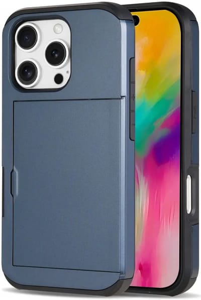 Hoesje met Kaarthouder Slider Geschikt voor Apple iPhone 16 Pro Max | Back Cover Pasjeshouder Achterkant | Kaarthouder voor Twee Pasjes | Blauw