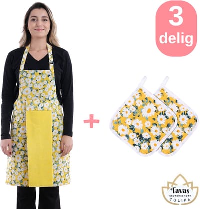 Tulipa Master Keukenschort 75 x 55 cm - met 1 Handdoek en 2 Pannenlappen met Gele Madeliefjes - Gele Madeliefjes - Professioneel Verstelbaar Kookschort - Horecakwaliteit - Keukenschort Dames - Kerstcadeau