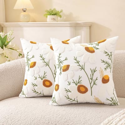 Set van 2 Witte Kussenslopen met Geborduurd Madeliefjespatroon, Katoenen Canvas Cushionhoes voor Bank en Slaapkamer, Landelijke Woondecoratie voor Lente en Valentijnsdag, Vierkant Fleurig Kussenhoes 45 x 45 cm