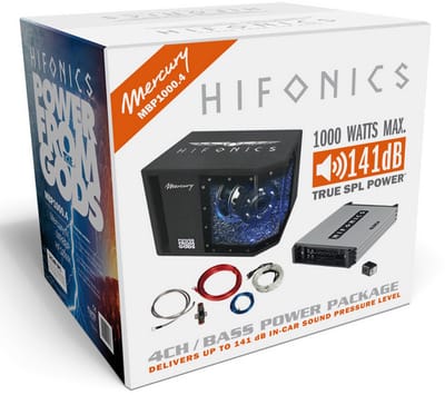 Hifonics Mercury MBP1000.4 basspack 4 kanaals + 8 inch bandpass kist + kabelset / Auto subwoofer set