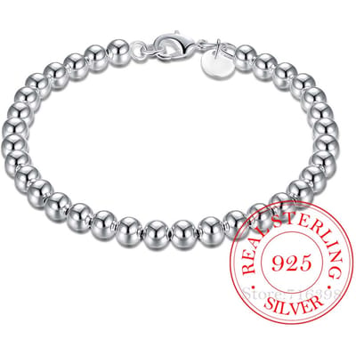 925 Massief Echt Sterling Zilver Mode 6mm Kralen Ketting Armband voor Vrouwen 20cm voor Tiener Meisjes Dame Cadeau Vrouwen Fijne Sieraden gray