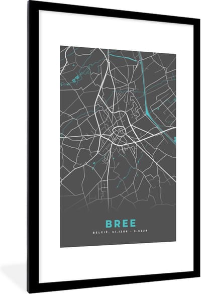 Fotolijst incl. Poster - Plattegrond – Bree – Blauw – Stadskaart - Kaart - België - 80x120 cm - Posterlijst
