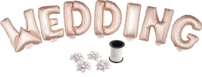 Folie ballonset roze met letters WEDDING 41 cm + geschenklint 10m met 4 witte strikken