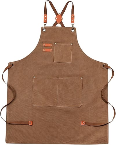 Canvas schort met waterspat- en vlekbescherming, verstelbaar kruisbandontwerp, ideaal voor koken, grillen en tuinieren, bruin, 127cm, 3 zakken