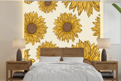 Behang - Fotobehang Geïllustreerd patroon van zonnebloemen - Breedte 240 cm x hoogte 240 cm