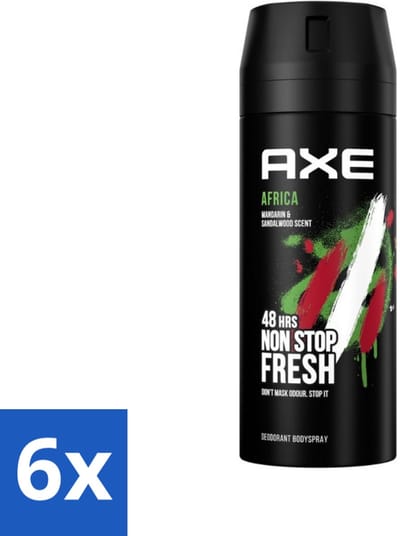 Axe - Deodorant Bodyspray - 48hrs Non Stop Fresh - Africa - Mandarin & Sandalwood - 150 ml - Voordeelverpakking - 6 stuks