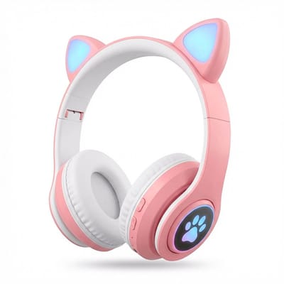 Kinder Hoofdtelefoon - Draadloze Koptelefoon - Kids Headset - Kinderkoptelefoons - Over Ear - Bluetooth - Microfoon - Katten Oortjes - Led Verlichting - Roze