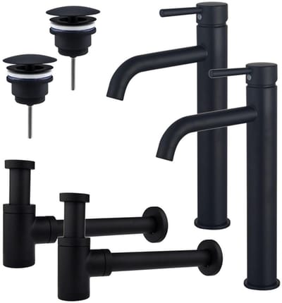 FugaFlow Eccelente Sobrado Badkamer Wastafelkraanset - voor dubbele wastafel - verhoogde wastafelkraan - always open plug - verlaagde design sifon - Mat zwart