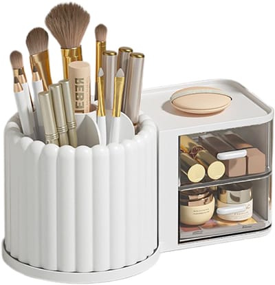 1 x Opbergdoos - Draaibare bureau-organizer - Multifunctionele organizer voor potloden, cosmetica en kleine voorwerpen - Met lade - Geschikt voor op kantoor of op het nachtkastje - wit