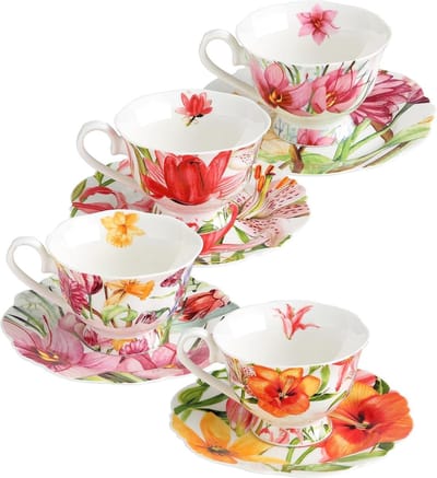 Theekop en Schotel - Porseleinen Servies - Thee Momenten - Vaatwasserbestendig - 7 oz Capaciteit - Bloemenprint