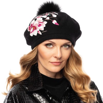 Vivisence Dames Winter Baret - Wol Met Fleecevoering En Handgemaakte Bloemapplicatie Met Strass En Afneembare Pompon - Warmte En Comfort Voor Koude Winterdagen En Perfecte Pasvorm - Zwart