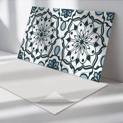 Wallfluent Vinyl Tegels - Bloemenmandalapatroon Vinyl Wandtegels - 40 cm x 20 cm - Zwart PVC Tegels - Verpakking van 10 stuks - Rechthoek PVC Tegels - Patroon Plaktegels - Wand PVC Tegels - Plaktegels Keuken en Badkamer