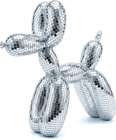 KIMU® Discobal Hond Ballon 17 cm Spiegeltjes Zilver Beeldje - Disco Spiegel Hondje - Design Discobol Beeld Spiegelbol Glitter Interieur Woondecoratie Vintage Retro Festival
