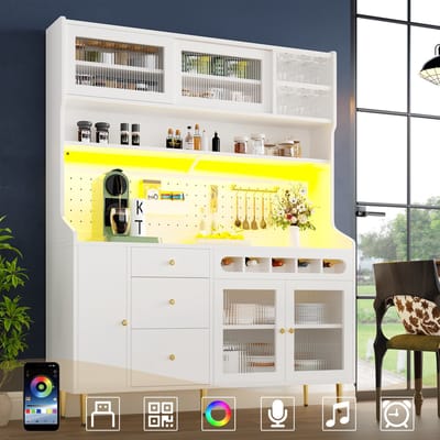 Keukenkast - 145x39x171 cm - Woonkamerkast met LED-verlichting - Wijnrek en Laden - Hout - Wit