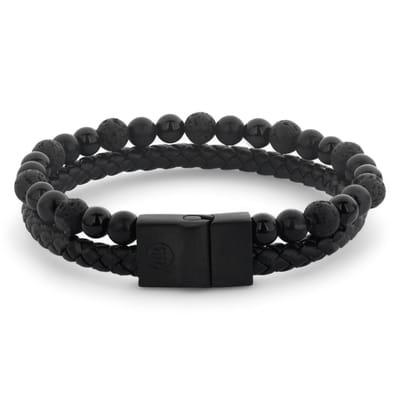 ens) Rebel & Rose Full Metal Combo Black Rocks Armband RR-M0057-B – Zwart Leer