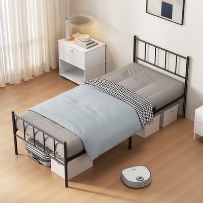 KUTAS Metalen Bed 90x200 cm - Minimalistisch - Heavy Duty Bedframe - Stevig - Stil - Anti Slip - Grote Opbergruimte - Met Hoofdeinde en lattenbodem - Schroefloze Montage - Zwart