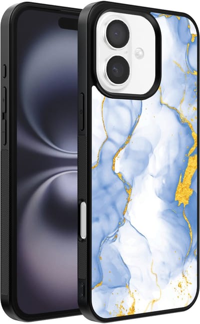 Smartphonica Telefoonhoesje Geschikt voor iPhone 16 Plus met Lichtblauw Goud Marmer Opdruk - TPU Backcover Case Lightblue Gold Marble Design geschikt voor iPhone 16 Plus