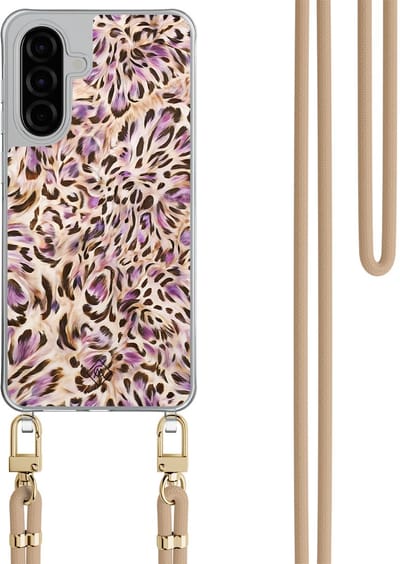 Casimoda® hoesje met beige koord - Geschikt voor Samsung A56 - Luipaard Lila - Afneembaar koord - TPU/polycarbonaat - Multi