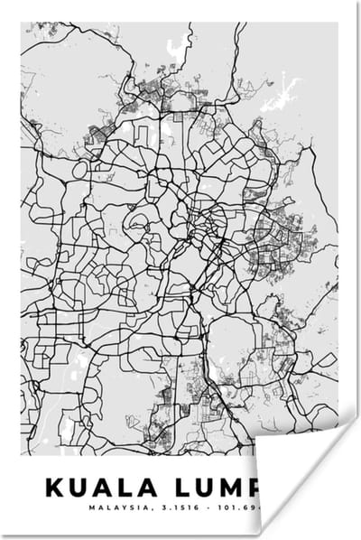 Poster Kuala Lumpur - Stadskaart - Plattegrond - Zwart Wit - Kaart - 120x180 cm XXL