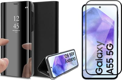 Hoesje geschikt voor Samsung Galaxy A55 - Screenprotector Volledig Dekkend Glas - Spiegel Book Case Zwart