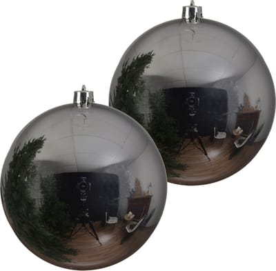 Decoris grote kerstbal - 2x - zilver - 20 cm - kunststof - grote kerstballen kerstversiering