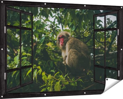 Gards Tuinposter Doorkijk Aap in de Boom tussen de Bladeren - 150x100 cm - Tuindoek - Tuindecoratie - Wanddecoratie buiten - Tuinschilderij