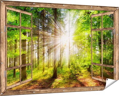 Gards Tuinposter Doorkijk Bos met Zon tussen de Bomen - 180x120 cm - Tuindoek - Tuindecoratie - Wanddecoratie buiten - Tuinschilderij
