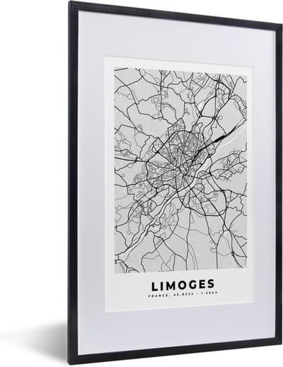 Fotolijst incl. Poster - Frankrijk - Limoges - Stadskaart - Plattegrond - Kaart - 40x60 cm - Posterlijst