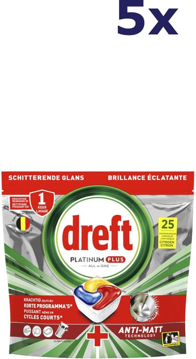 Dreft - Vaatwastabletten Platinum Plus All In One Citroen - 5 x 25 stuks - Voordeelverpakking