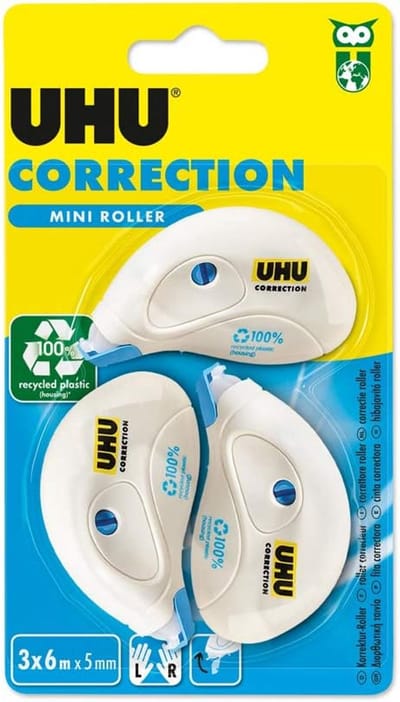 Correctieroller Mini - Schrijfhulp Tape - Snelle Correcties - Gerecyclede Houder - 3 x 6 meter - Wit