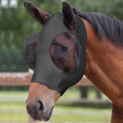 Dailygoody - Paardenvliegenmasker - Vliegenbescherming - Ademend en elastisch Lycra - Vol formaat - UV-bescherming - Geschikt voor paarden - Zwart