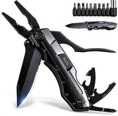 BOTC Multitool Zakmes - 14-in-1 Multitool - Blikopener / Flesopener / 9 verwisselbare schroeven / Draagetui - Survival - voor Camping / Wandelen - Zwart