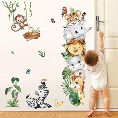 PromoHome Jungle Dieren Muurstickers Set - Safari Dieren Decoratie met Olifant, Leeuw en Aap - Verwijderbare Wanddecoratie voor Kinderkamer en Babykamer - 2 Vellen 30x90 cm
