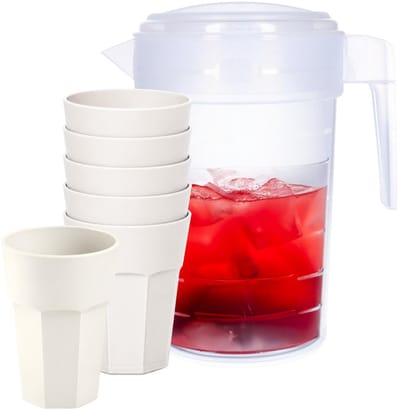 Plasticforte Waterkan van 2 Liter - transparant - kunststof - met 6x stuks onbreekbare drinkglazen - wit - 520 ml