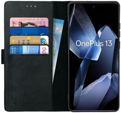 Rosso Deluxe Echt Leer Hoesje Geschikt voor OnePlus 13 | Ruimte voor drie pasjes | Portemonnee Book Case | Met Pasjeshouder | Zwart