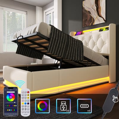 Gestoffeerd eenpersoonsbed, 360° LED-verlichting, bediening via drukknop/app/afstandsbediening, 90*200 cm, wit PU-materiaal, hydraulisch opbergbed, gewatteerd hoofdeinde met USB Type-C-oplaadfunctie (matras niet inbegrepen)