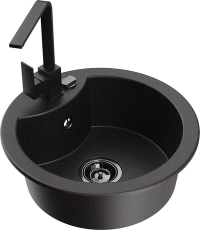 Mexen Diego granieten spoelbak 1-komers met keukenkraan Rita, zwart/goud metallic - 6512-75-670300-70-B