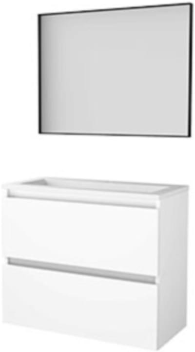 Basic-Line Framed 39 Badkamermeubelset - Ondiep - 80 x 39 cm - Greeploos - 2 Lades - Acryl Wastafel - 1 Kraangat - Spiegel met Zwart Aluminium Frame - Ice White