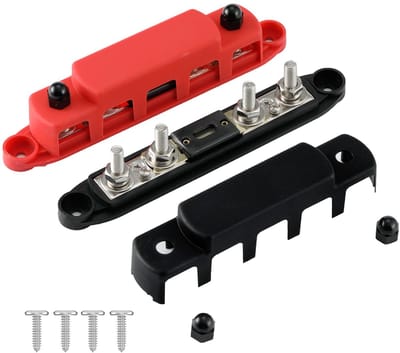 1 paar M8 (5/16") stroomverdeelblok met 4 noppen, 4-weg 12-48V verzamelrail met 300A zekering