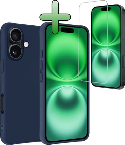 Hoesje Met Screenprotector - Geschikt voor Apple iPhone 16 - Sterk & Shockproof - Back Cover - Siliconen Case - Telefoon Hoes - Donkerblauw