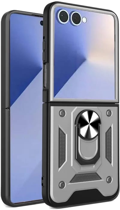MobyDefend Hoesje - Geschikt voor Samsung Galaxy Z Flip 7 - Pantsercase Met Draaibare Ring - Zilvergrijs